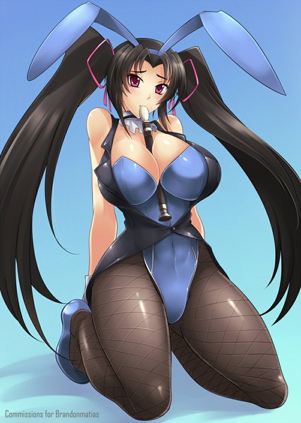 Anime picture 800x1125 with highschool dxd serafall leviathan haganef single long hair tall image looking at viewer blush breasts light erotic black hair twintails animal ears pink eyes bunny ears huge breasts girl pantyhose bunnysuit