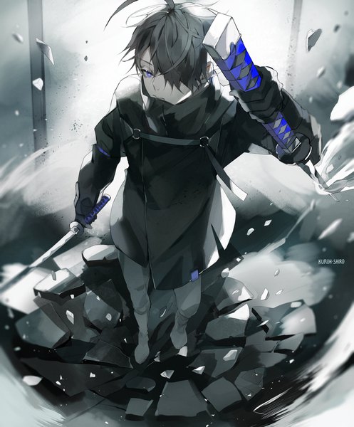Anime picture 2400x2900 with original kamui (kurohshiro1) single tall image looking at viewer fringe highres short hair blue eyes black hair holding signed full body ahoge from above hair over one eye expressionless dual wielding boy weapon