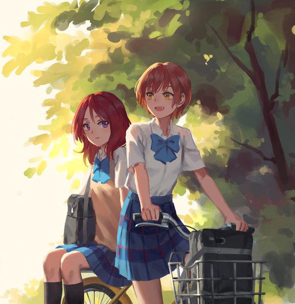 Anime picture 3900x4022 with love live! school idol project sunrise (studio) love live! nishikino maki hoshizora rin bamboo nima tall image looking at viewer blush fringe highres short hair open mouth smile red eyes standing sitting purple eyes multiple girls yellow eyes