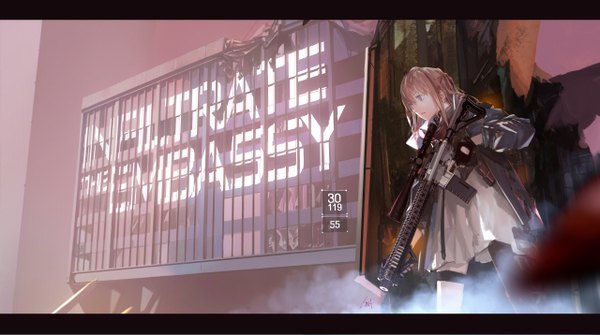 Anime-Bild 2560x1430 mit girls frontline tom clancy's the division st ar-15 (girls frontline) lin+ single long hair highres blue eyes brown hair wide image standing holding looking away outdoors long sleeves parted lips inscription open jacket depth of field text