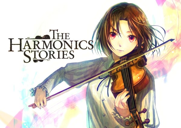 Anime picture 1517x1075 with original fuzichoco single short hair brown hair pink eyes inscription girl shirt musical instrument violin bow (instrument)