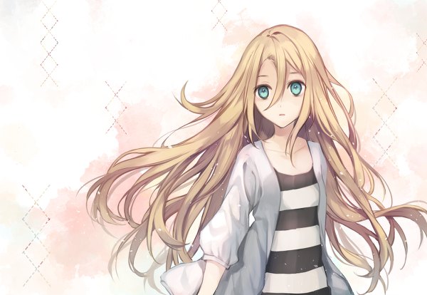 Anime picture 1200x828 with satsuriku no tenshi ray (satsuriku no tenshi) hanagata single long hair fringe blonde hair hair between eyes white background looking away upper body aqua eyes wind striped girl cardigan