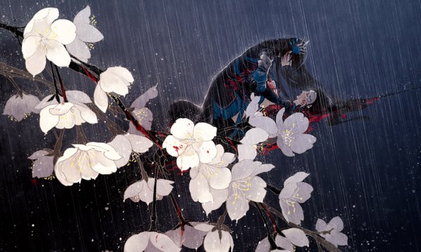 Anime picture 1276x765 with original ibuki satsuki long hair black hair wide image sitting lying eyes closed hair flower on back couple cherry blossoms rain hand on face sitting on person no face death girl boy hair ornament