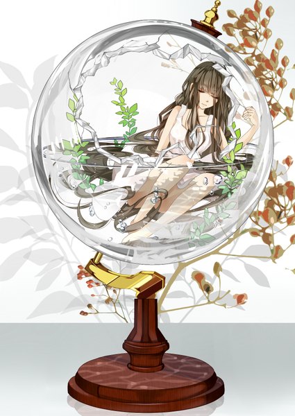 Anime picture 1295x1829 with original piicopico single tall image black hair bare shoulders eyes closed barefoot underwater sleeping in container girl dress flower (flowers) plant (plants) water sundress bubble (bubbles)