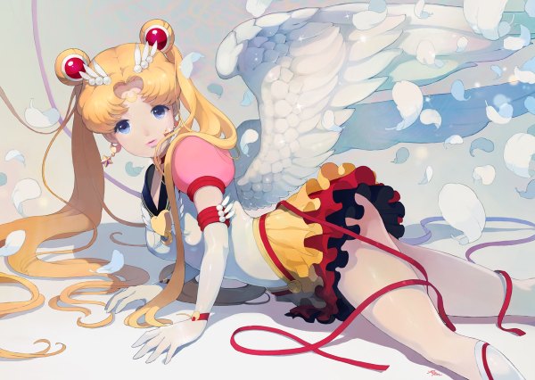 Anime picture 1200x852 with bishoujo senshi sailor moon toei animation tsukino usagi riqurr (pixiv) single long hair blue eyes twintails lips crescent girl gloves ribbon (ribbons) earrings wings elbow gloves feather (feathers)