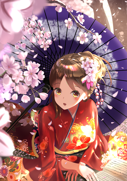 Anime picture 4093x5787 with original wander00317 (akihirotanisi) single tall image looking at viewer blush fringe highres short hair open mouth brown hair brown eyes absurdres outdoors lying traditional clothes head tilt japanese clothes hair flower from above