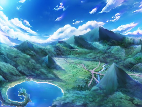 Anime picture 1600x1200 with akatoki! sky cloud (clouds) mountain landscape lake plant (plants) tree (trees) water road