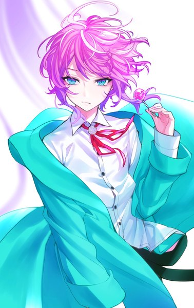 Anime picture 1290x2048 with hypnosis mic amemura ramuda maruchi single tall image fringe short hair blue eyes simple background standing white background holding looking away pink hair wind off shoulder boy shirt food white shirt