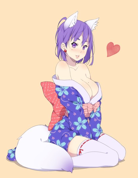 Anime picture 1050x1350 with original ichan-desu single tall image looking at viewer blush short hair breasts light erotic sitting purple eyes animal ears purple hair japanese clothes animal tail wariza girl thighhighs white thighhighs heart