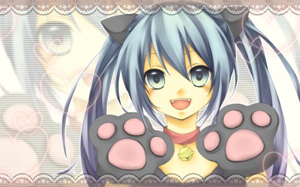 Anime picture 1280x800 with vocaloid hatsune miku kuroi (liar-player) long hair open mouth wide image twintails animal ears aqua eyes cat ears aqua hair wallpaper bell collar zoom layer girl bell collar