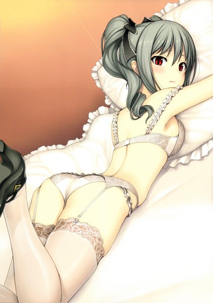 Anime picture 4250x6063 with idolmaster idolmaster cinderella girls kanzaki ranko tanaka shoutarou single long hair tall image blush highres light erotic red eyes twintails absurdres lying grey hair scan underwear only drill hair girl thighhighs