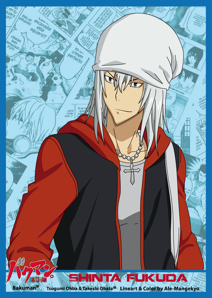 Anime picture 1179x1653 with bakuman. j.c. staff fukuda shinta ale-mangekyo single tall image simple background white hair inscription grey eyes framed boy cross necklace beads cap cross necklace manga (object)