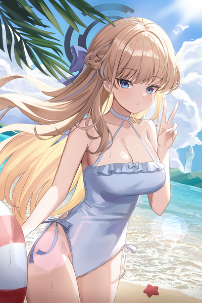 Anime-Bild 3000x4500 mit blue archive toki (blue archive) nannung single long hair tall image looking at viewer fringe highres breasts blue eyes light erotic blonde hair large breasts sky cleavage cloud (clouds) outdoors blunt bangs sweat