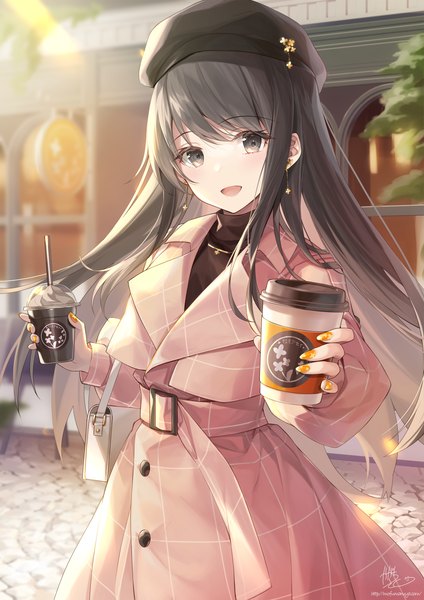 Anime picture 2121x3000 with original kagachi saku single long hair tall image looking at viewer blush fringe highres open mouth black hair standing holding signed outdoors blunt bangs nail polish :d black eyes depth of field