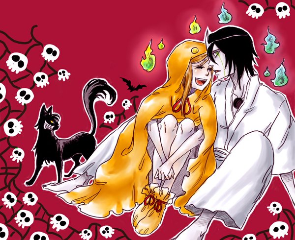 Anime picture 1000x818 with bleach studio pierrot inoue orihime ulquiorra schiffer grimmjow jeagerjaques rusky long hair blush short hair open mouth black hair green eyes eyes closed profile orange hair couple happy halloween espada girl