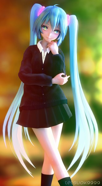 Anime picture 1600x2900 with vocaloid hatsune miku tetsuok9999 single tall image looking at viewer blush fringe blue eyes smile twintails signed ahoge outdoors very long hair pleated skirt lips blurry aqua hair crossed legs