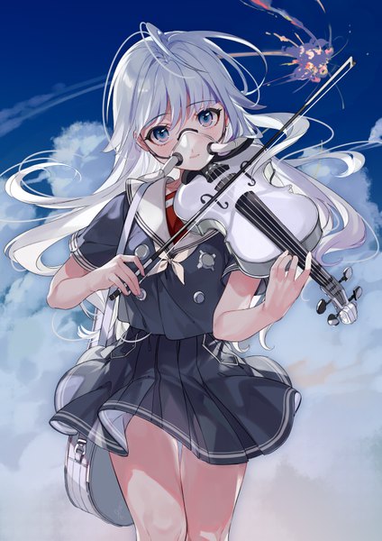 Anime picture 4961x7017 with original almic single long hair tall image looking at viewer blush fringe highres blue eyes hair between eyes standing holding absurdres sky silver hair cloud (clouds) head tilt pleated skirt fingernails