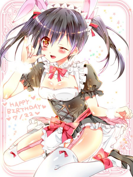 Anime picture 1000x1332 with love live! school idol project sunrise (studio) love live! yazawa nico bariko single long hair tall image blush open mouth light erotic black hair red eyes twintails animal ears one eye closed wink maid bunny ears mmm