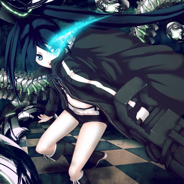 Anime picture 1200x1200 with black rock shooter black rock shooter (character) infinote single long hair blue eyes black hair twintails glowing glowing eye (eyes) checkered floor girl weapon shorts gun
