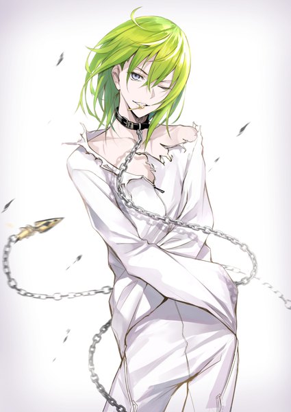 Anime picture 708x1000 with fate (series) fate/strange fake enkidu (fate) shijiu (adamhutt) single tall image looking at viewer fringe short hair simple background smile hair between eyes white background holding one eye closed green hair grey eyes mouth hold torn clothes androgynous