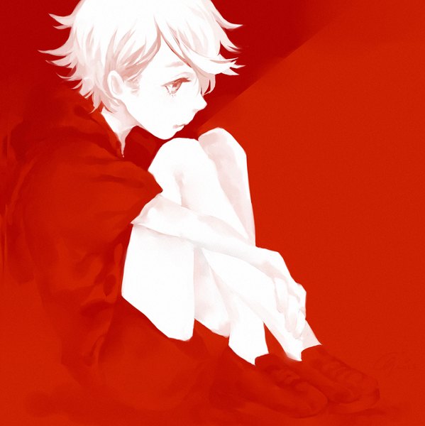 Anime picture 1000x1003 with original gunni single tall image short hair sitting looking away white hair red background white eyes girl dress red dress