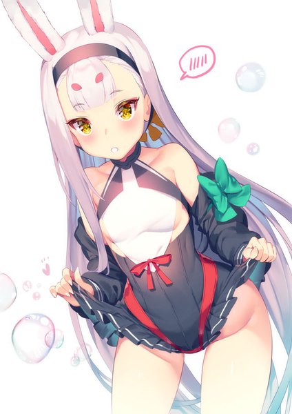 Anime picture 566x800 with azur lane shimakaze (azur lane) yoshimoto (dear life) single tall image looking at viewer blush light erotic standing animal ears yellow eyes silver hair very long hair bunny ears eyebrows extra ears girl headband bubble (bubbles) speech bubble