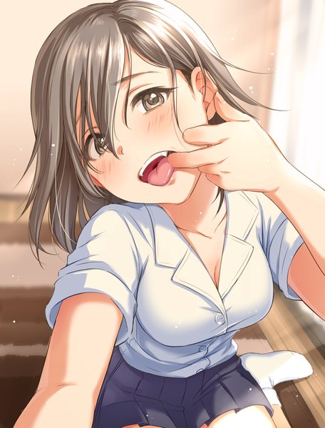 Anime picture 1152x1514 with original tsukana (saba mizore) single long hair tall image looking at viewer blush fringe breasts open mouth hair between eyes brown hair sitting brown eyes cleavage indoors head tilt pleated skirt sunlight blurry