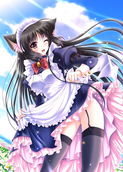 Anime picture 1144x1600 with original akino shin single long hair tall image blush open mouth light erotic black hair red eyes animal ears one eye closed wink cat ears maid cat girl pantyshot girl thighhighs flower (flowers)