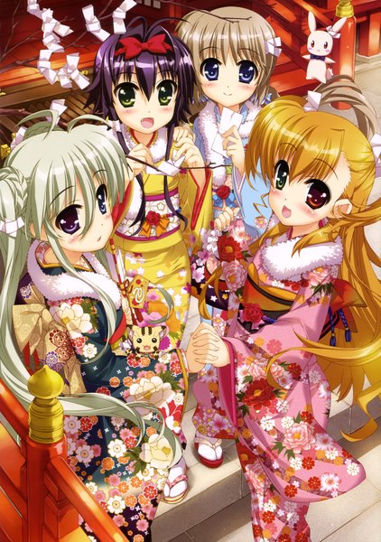 Anime picture 2881x4099 with mahou shoujo lyrical nanoha takamachi vivio einhart stratos fujima takuya long hair tall image blush highres short hair open mouth blue eyes blonde hair smile twintails multiple girls green eyes purple hair white hair traditional clothes japanese clothes