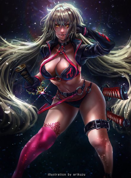 Anime picture 3189x4322 with fate (series) fate/grand order jeanne d'arc (fate) (all) jeanne d'arc alter (fate) jeanne d'arc alter (swimsuit berserker) (fate) artofkuzu single tall image looking at viewer fringe highres breasts light erotic hair between eyes large breasts standing holding signed yellow eyes absurdres