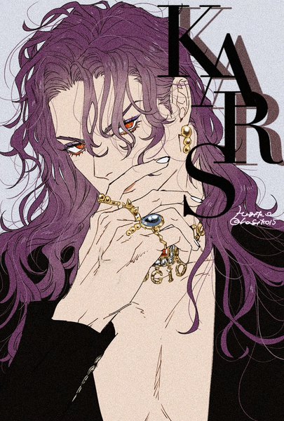 Anime picture 1181x1748 with jojo no kimyou na bouken cars (jojo) hagiko single long hair tall image looking at viewer fringe red eyes signed purple hair upper body nail polish hair over one eye character names covered mouth white nail polish boy earrings ring