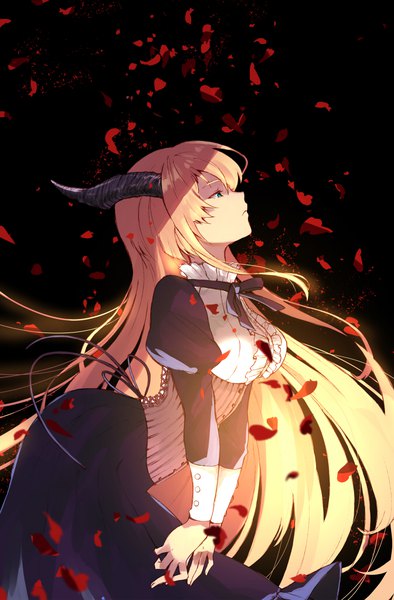 Anime picture 672x1023 with original itsumi mita single long hair tall image fringe breasts simple background blonde hair hair between eyes profile horn (horns) aqua eyes leaning leaning forward puffy sleeves floating hair black background looking up lacing
