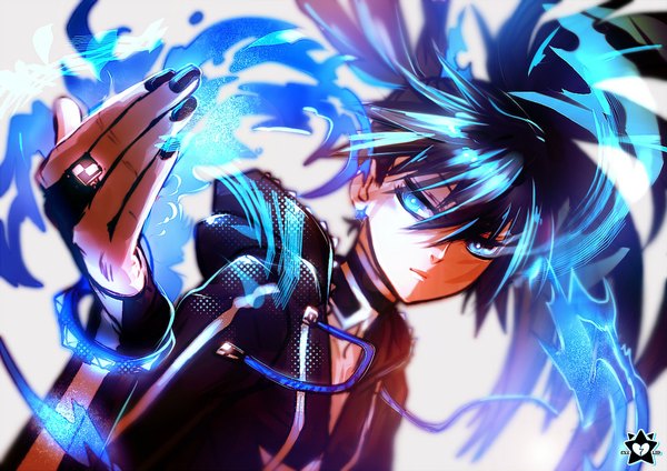 Anime picture 1000x707 with black rock shooter black rock shooter (character) e-x-p-i-e single long hair blue eyes black hair simple background white background twintails nail polish fingernails glowing striped glowing eye (eyes) open collar asymmetrical hair girl jacket bracelet