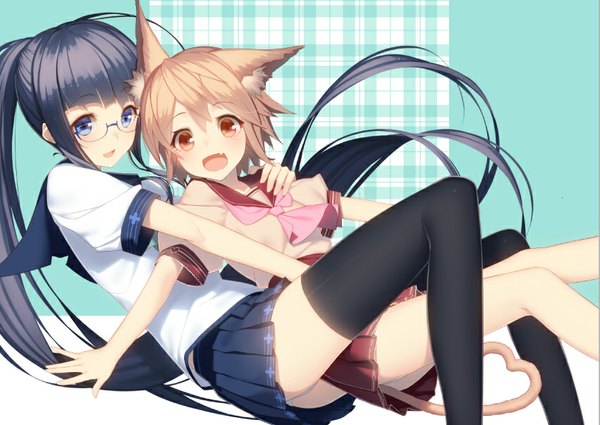 Anime picture 851x603 with original ac (eshi) fringe short hair breasts open mouth light erotic black hair blonde hair red eyes multiple girls animal ears looking away ponytail tail very long hair :d animal tail pleated skirt cat ears