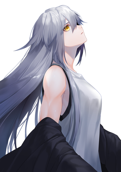 Anime picture 900x1275 with original dodome ichika waka (shark waka) single long hair tall image looking at viewer blush fringe simple background hair between eyes standing white background yellow eyes silver hair upper body profile off shoulder girl tank top