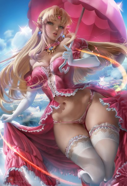 Anime picture 2395x3500 with the legend of zelda super mario bros. nintendo princess zelda princess peach sakimichan single long hair tall image looking at viewer blush fringe highres open mouth blue eyes light erotic blonde hair holding signed sky