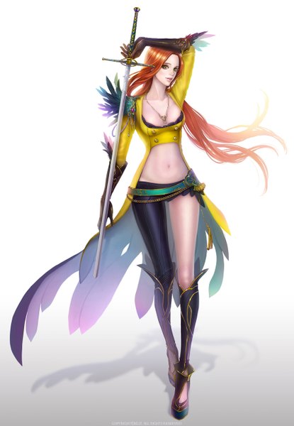 Anime picture 900x1300 with eliz7 single long hair tall image breasts holding looking away lips orange hair legs walking girl gloves navel weapon sword belt pendant knee boots
