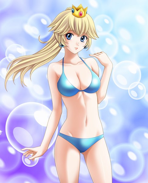 Anime picture 1300x1600 with super mario bros. princess peach tamamon single long hair tall image breasts blue eyes light erotic blonde hair ponytail girl navel swimsuit bikini bubble (bubbles) crown