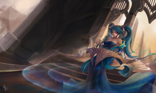 Anime picture 1300x778 with league of legends sona buvelle foliage (artist) single long hair looking at viewer wide image twintails bare shoulders blue hair light smile lips orange eyes girl dress detached sleeves musical instrument harp