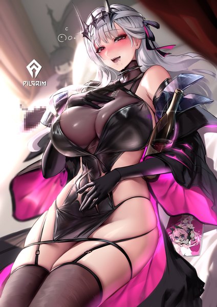 Anime picture 2480x3507 with goddess of victory: nikke modernia (nikke) modernia (second affection) (nikke) cian yo single long hair tall image looking at viewer blush fringe highres breasts open mouth light erotic red eyes large breasts silver hair lying :d censored
