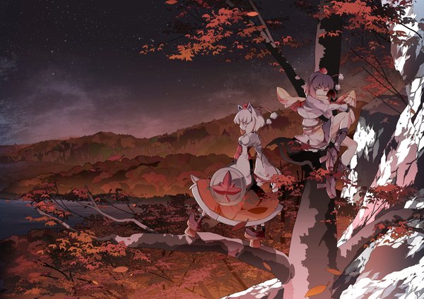 Anime picture 2024x1433 with touhou shameimaru aya inubashiri momiji asakura masatoki highres short hair black hair multiple girls animal ears white hair tail traditional clothes animal tail night wide sleeves night sky mountain landscape wolf ears autumn