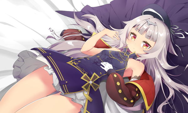 Anime picture 3000x1800 with azur lane z46 (azur lane) pg (pege544) single long hair looking at viewer blush fringe highres light erotic wide image bare shoulders yellow eyes payot lying blunt bangs from above grey hair off shoulder mole