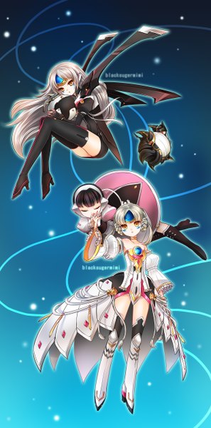 Anime picture 1240x2500 with elsword pixiv eve (elsword) kokutou mimi tall image fringe sitting multiple girls braid (braids) gradient background text facial mark flying kiss weightlessness multiple persona girl thighhighs dress gloves