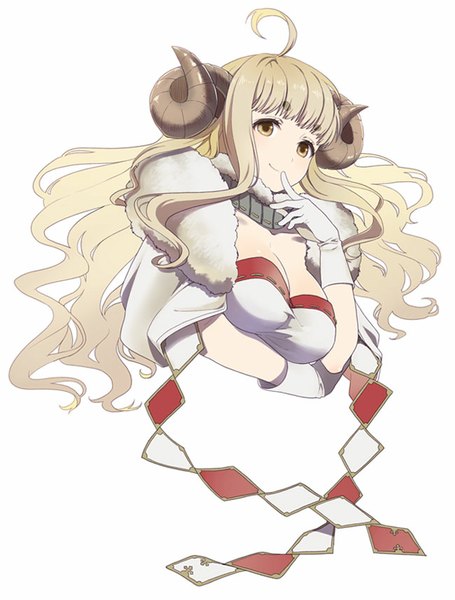 Anime picture 650x857 with granblue fantasy anila (granblue fantasy) mattaku mousuke single long hair tall image fringe breasts light erotic simple background blonde hair smile large breasts white background brown eyes looking away cleavage upper body ahoge horn (horns)