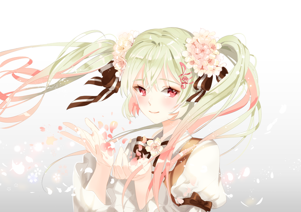 Anime picture 1500x1060 with vocaloid hatsune miku sakura miku platina77 single long hair looking at viewer blush fringe simple background smile red eyes white background pink hair pink eyes hair flower green hair wind grey background treble clef