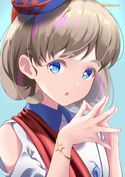 Anime picture 666x941 with hello!!! love live! sunrise (studio) love live! tang keke kitatyoco single tall image short hair blue eyes simple background brown hair signed upper body :o twitter username blue background eyebrows fingers together girl hat
