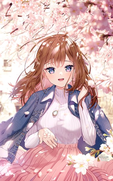 Anime picture 1200x1919 with original rosuuri single long hair tall image looking at viewer blush fringe breasts open mouth blue eyes smile hair between eyes brown hair standing holding signed outdoors long sleeves :d