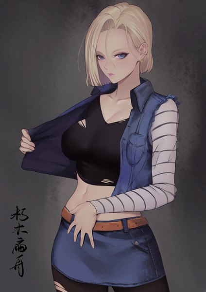 Anime-Bild 1800x2546 mit dragon ball dragon ball z android 18 xiumu bianzhou single tall image looking at viewer fringe highres short hair breasts light erotic simple background hair between eyes large breasts standing signed cleavage long sleeves parted lips