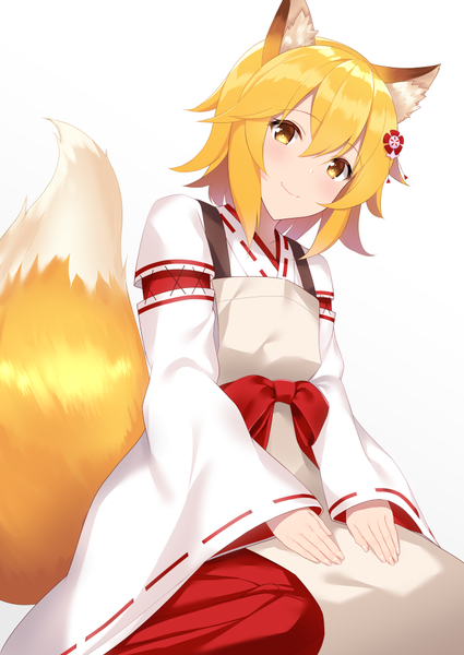 Anime picture 708x1000 with sewayaki kitsune no senko-san doga kobo senko (sewayaki kitsune no senko-san) caburi cat single tall image looking at viewer blush fringe short hair simple background blonde hair smile hair between eyes white background animal ears yellow eyes tail traditional clothes japanese clothes