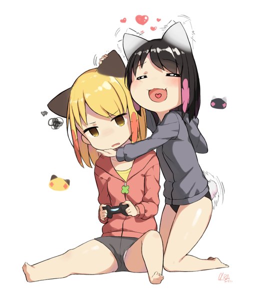 Anime picture 2342x2692 with original blonde girl (cloba) player 2 (cloba) cloba tall image highres short hair light erotic black hair simple background blonde hair white background sitting multiple girls signed animal ears yellow eyes tail eyes closed long sleeves